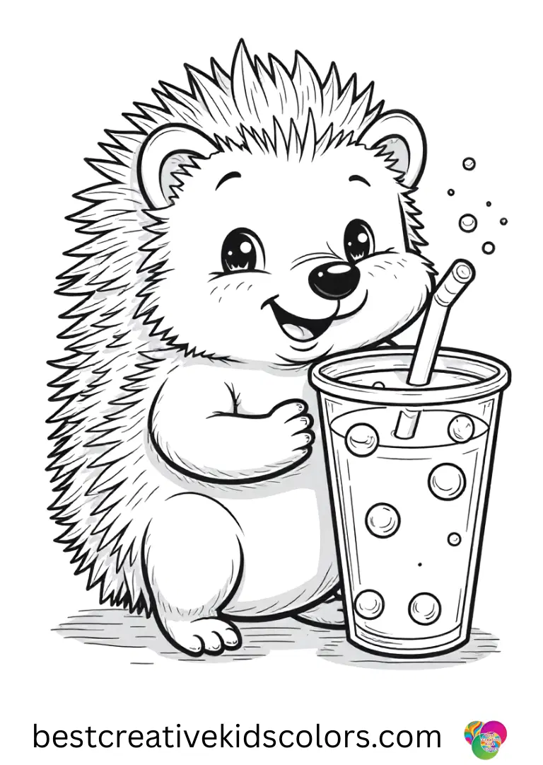 A playful hedgehog mixes bubble tea ingredients in a simple, kid-friendly scene in Bubble tea coloring sheets easy.