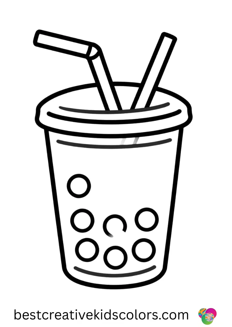 Children decorate a whimsical bubble tea shop full of floating straws in these Bubble tea coloring sheets free.
