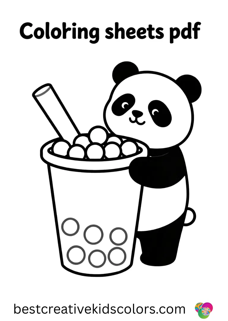 A happy panda pours colorful pearls into a giant cup in these Bubble tea coloring sheets pdf.