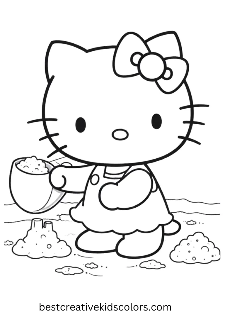 Hello Kitty scoops sand while friends build simple sandcastles along the beach.