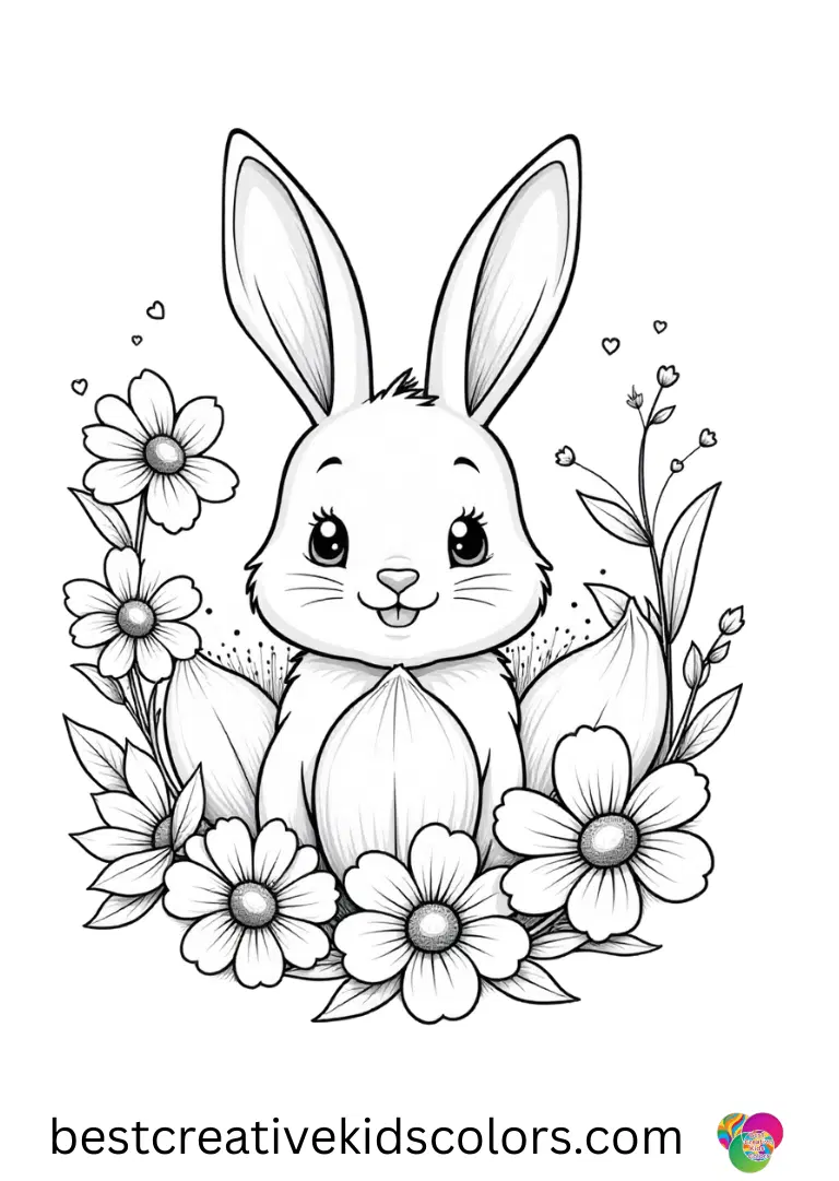 Bunny mandala with spring flowers easy shows a bunny peeking through overlapping petals in a gentle pattern.