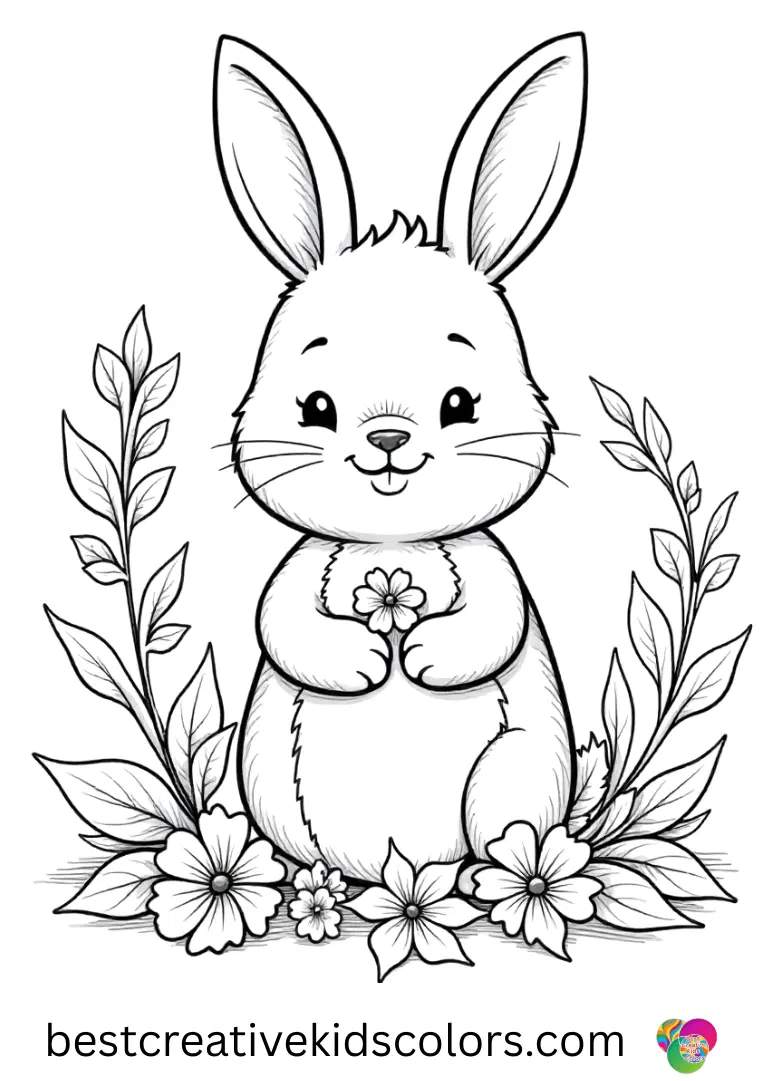 Bunny mandala with spring flowers free shows a bunny arranging leaves symmetrically around its body.