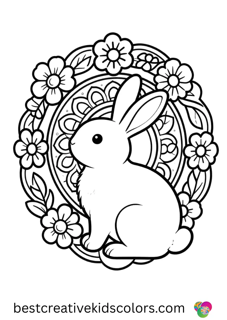 Bunny mandala with spring flowers images shows a bunny tracing curved floral shapes outward in circles.