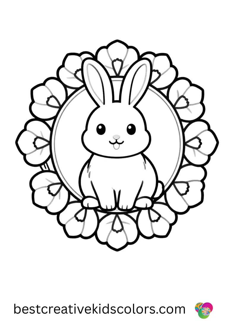 Bunny mandala with spring flowers pdf shows a bunny spinning inside a ring of evenly spaced petals.