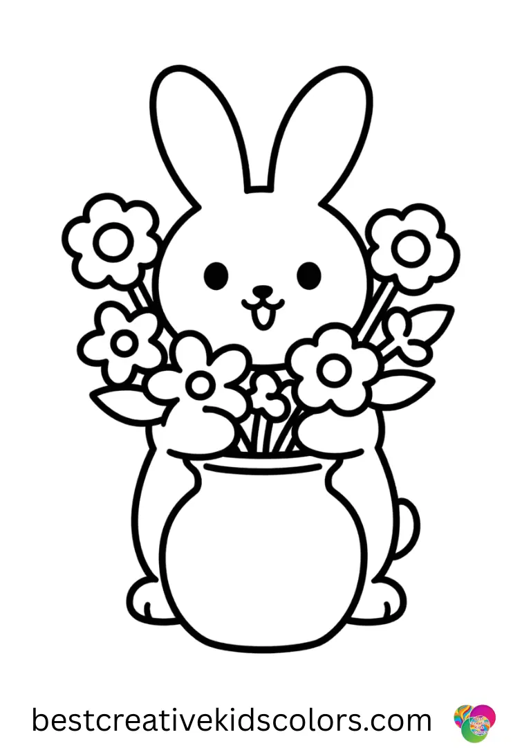 Bunny with flowers drawing shows a rabbit placing flowers into a miniature vase beside it.