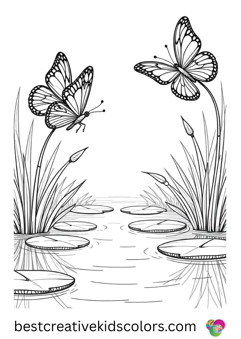 Butterflies coloring page for adults presents a calm pond ripple pattern around floating lily pads.