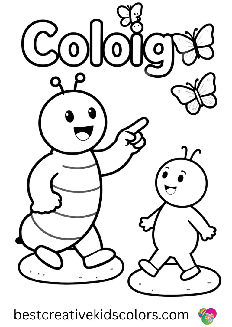 A smiling caterpillar points to Butterflies coloring page for kids while guiding friends across stones.