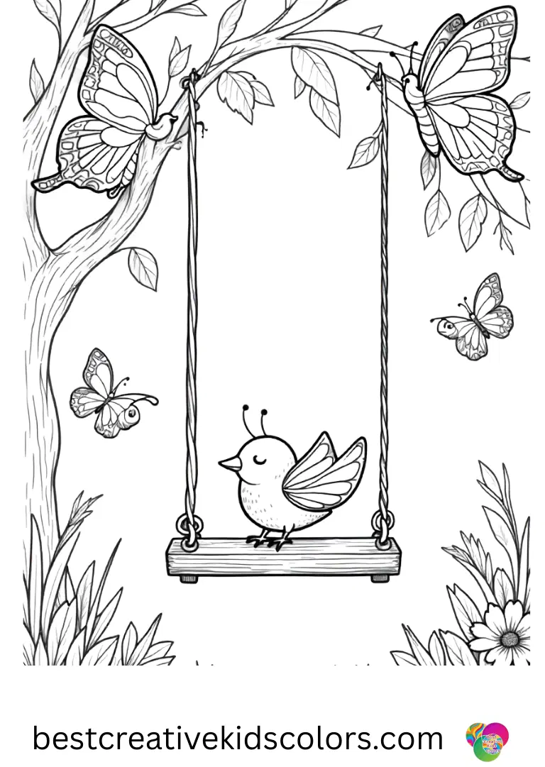 Little birds circle a hanging swing near Butterflies coloring page free, inviting gentle outdoor play.