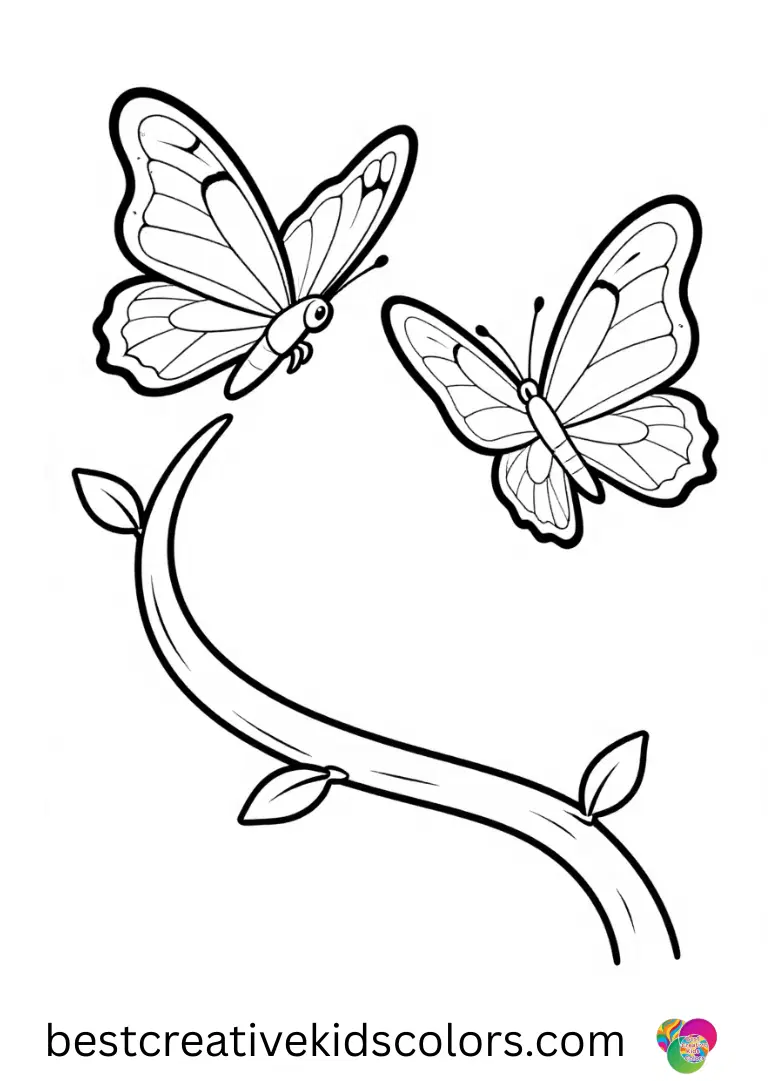 Butterflies coloring page pdf shows two butterflies racing along a curved vine with wide open wings.