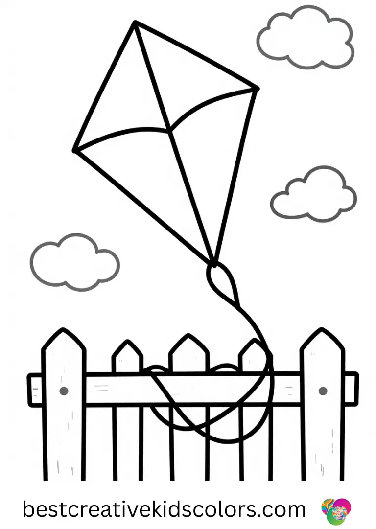 Butterfly Coloring pages printable PDF features a kite caught on a fence beside drifting clouds.