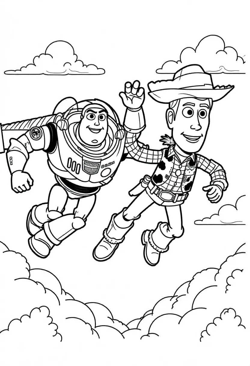 Join Buzz and Woody flying together above clouds and mountains.