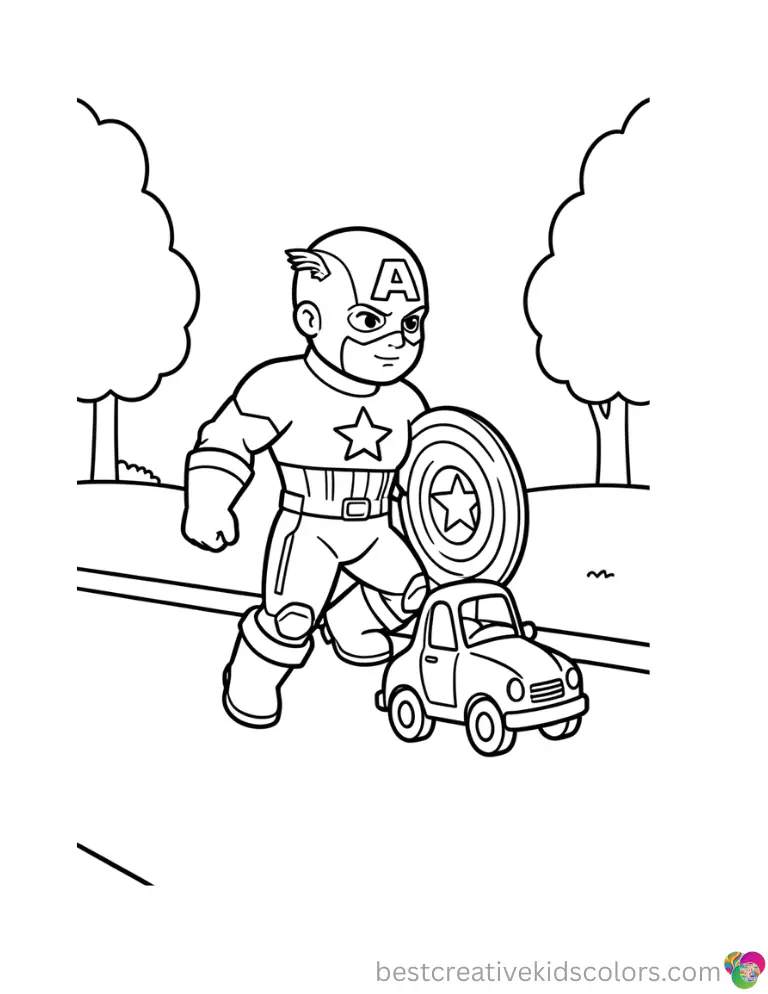 Captain America Coloring Book shows him rolling a small toy car along a quiet driveway.