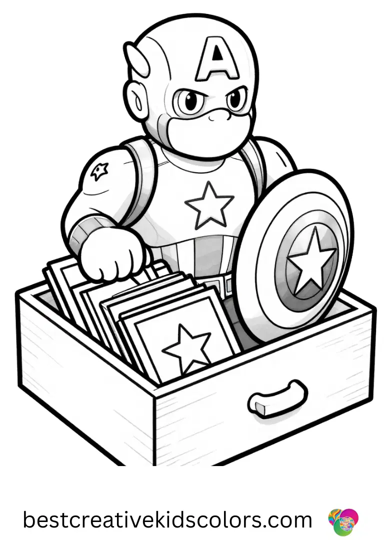 Captain America Coloring Book ends with him arranging postcards neatly inside a wooden drawer.