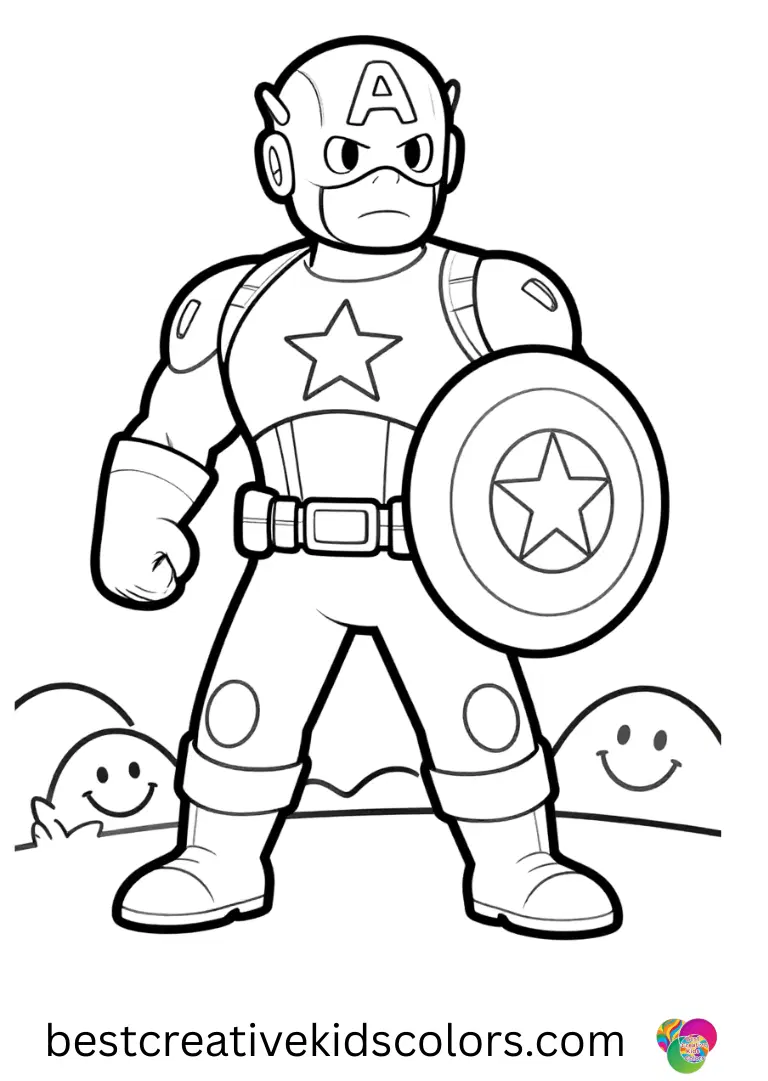 Captain America Coloring Pages easy show him drawing smiley faces on stones by a riverbank.