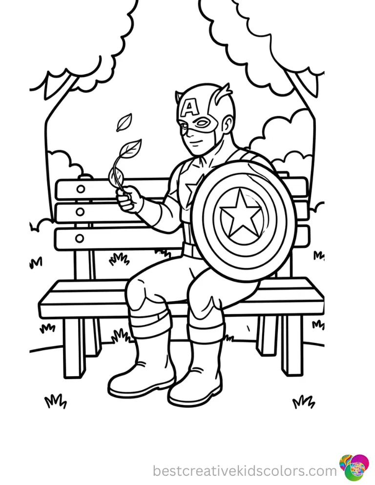Twirling a tiny leaf spinner on a garden bench, Captain America Shield coloring Page enjoys a calm afternoon.