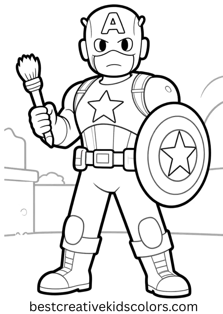 A quiet courtyard scene shows Captain America Shield coloring Pages as he paints symbols onto the shield.