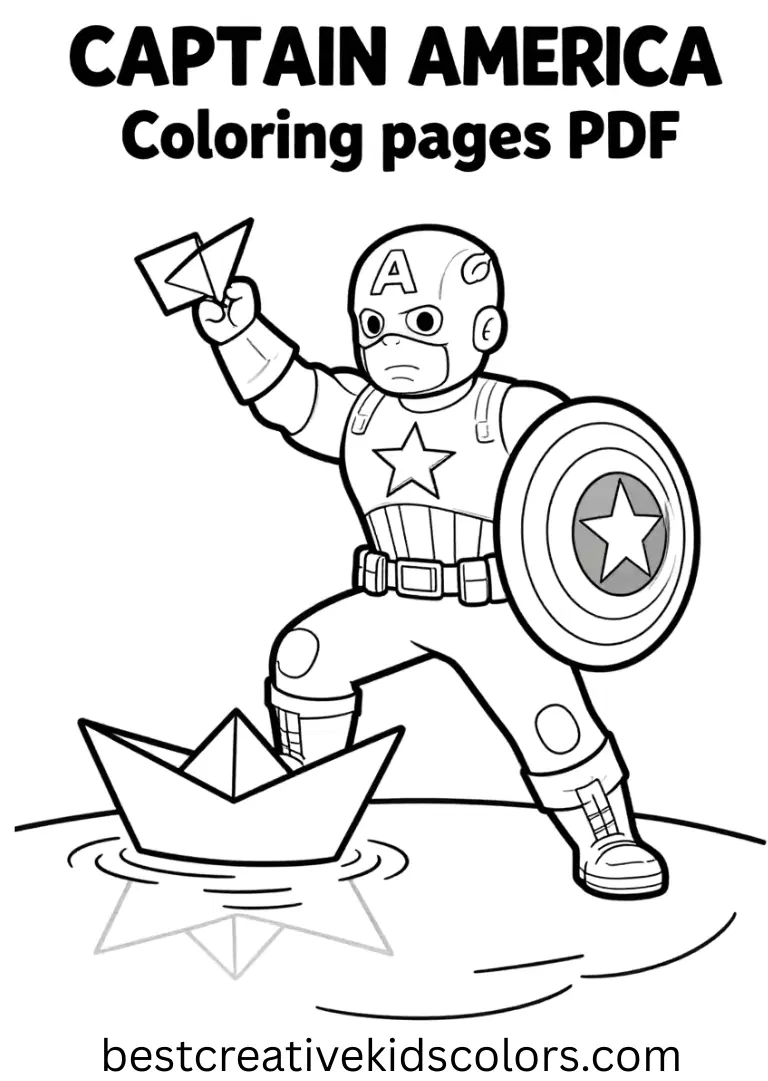 Captain America coloring pages PDF feature the hero releasing paper boats into a calm reflective pond.