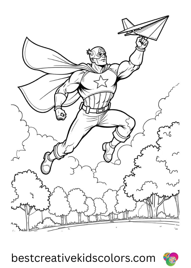 Above a quiet park, Captain America coloring pages colored shows him flying a vibrant paper airplane high.