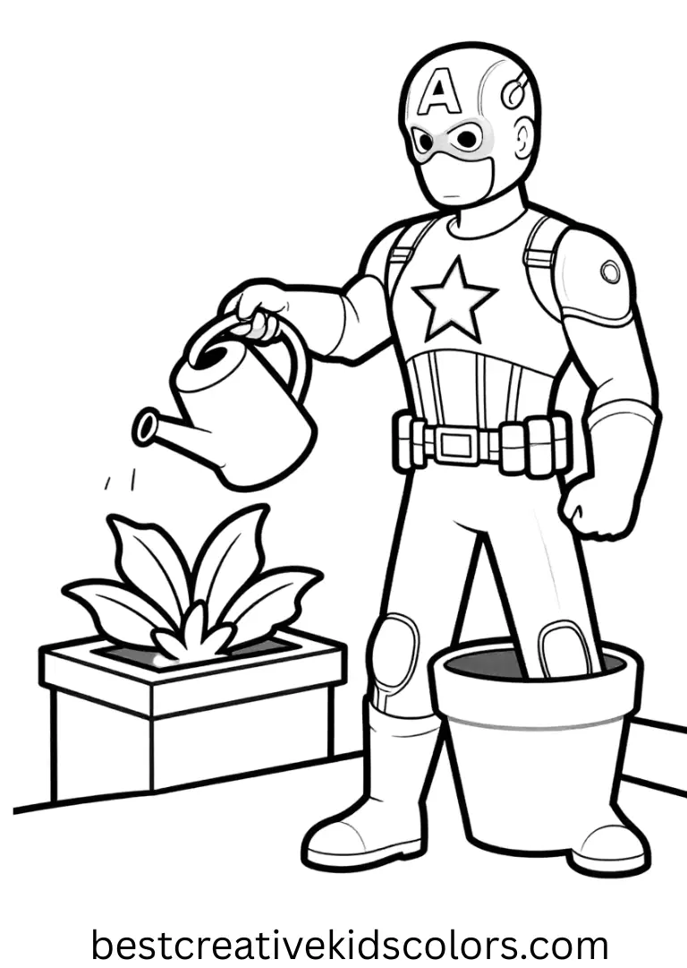 Captain America coloring pages colored show the hero gently watering rooftop plants beside a single potted tree.