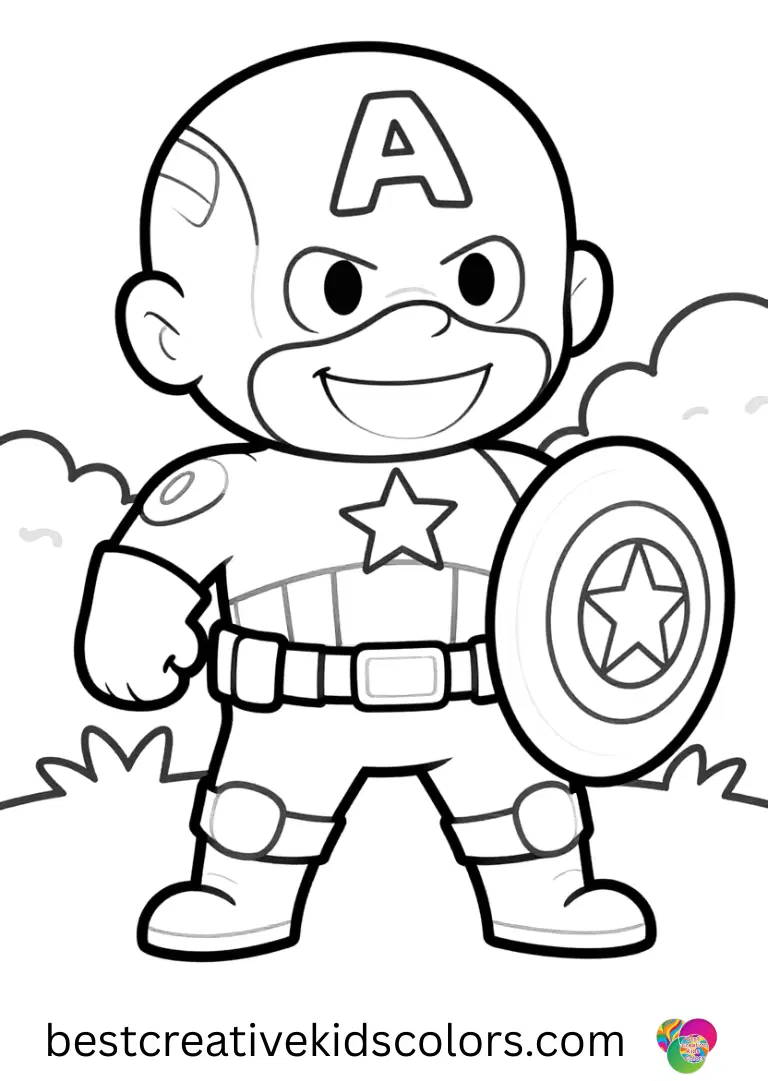 In a sunlit garden, he bounces a small rubber ball in Captain America coloring pages easy while giggling.
