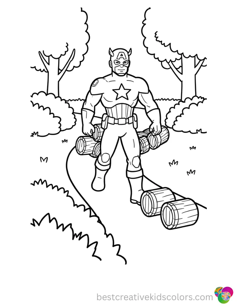 Rolling small wooden cylinders along a garden path, Captain America coloring pages pdf explores shapes.
