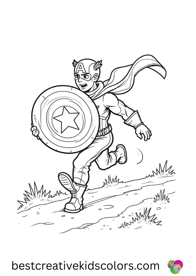 Skipping along a peaceful pathway with a scarf, Captain America shield Printable PDF free download beams happily.