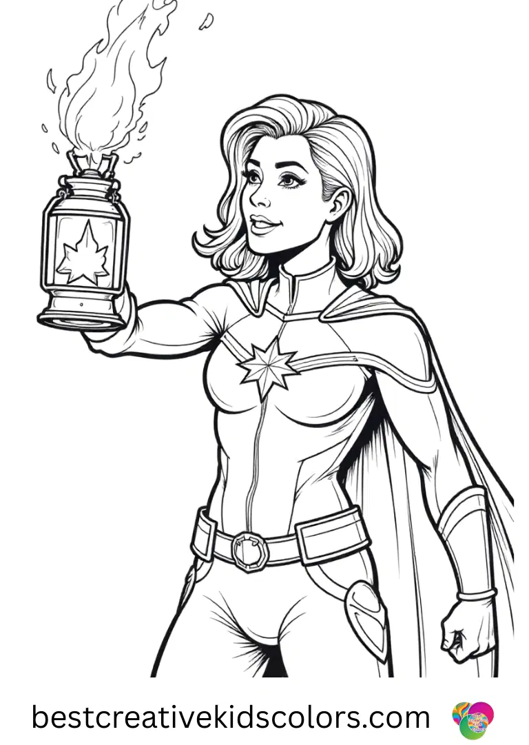 Captain Marvel coloring page shows her releasing glowing lanterns into a clear night sky.