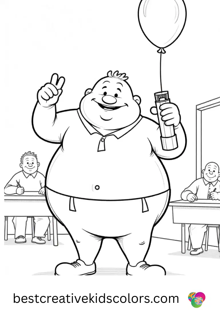 Captain Underpants Coloring sheets depict him inflating balloons for a small classroom celebration.