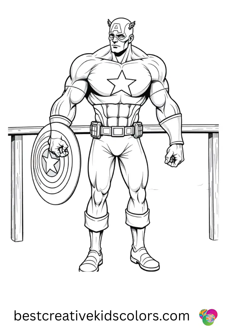 On a wooden deck, Captain america coloring book easy shows him balancing a spinning top carefully.