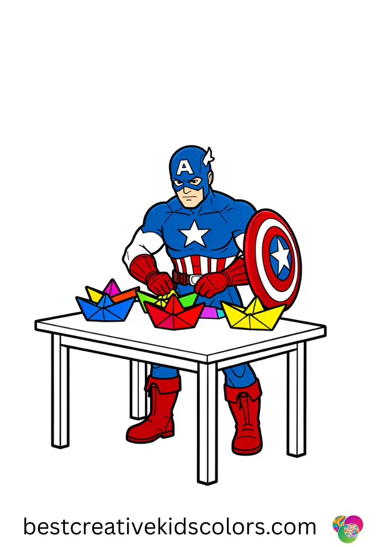 Captain america coloring images free shows him gently arranging colorful origami boats on a table.