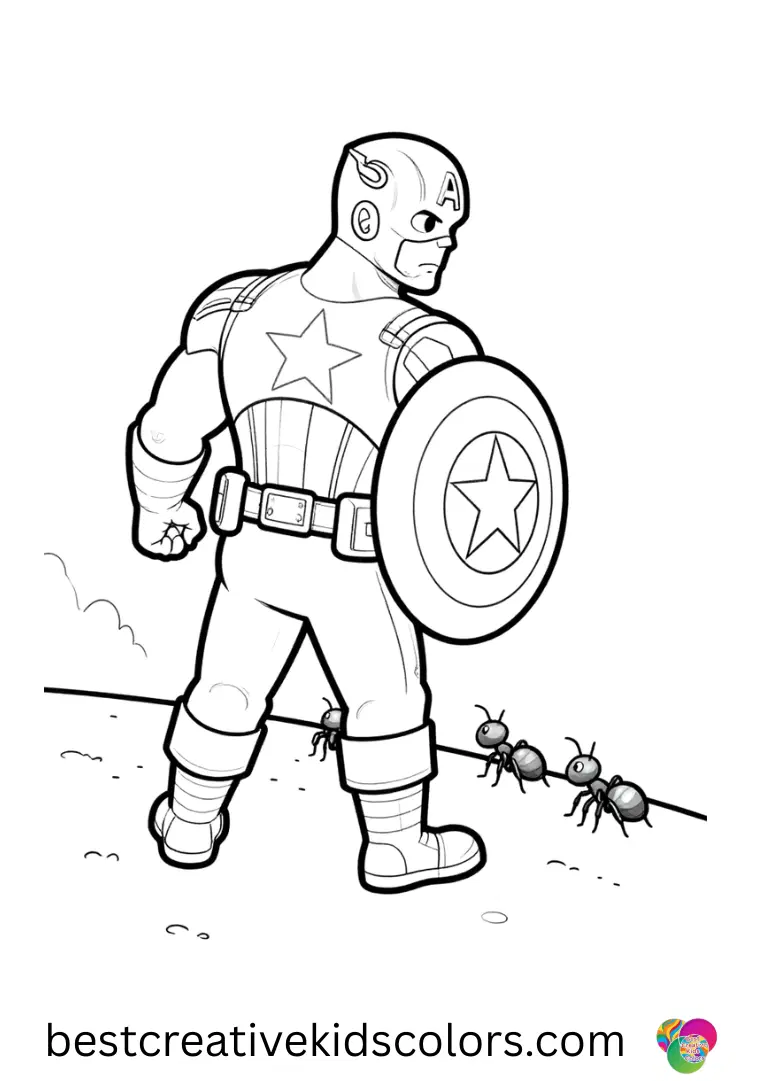 Carefully observing ants on a path, Captain america coloring page printable for adults captures quiet focus.