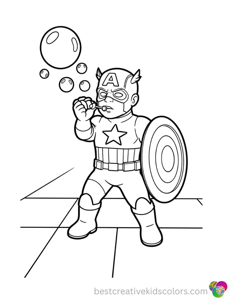 Blowing soap bubbles over smooth tiles, Captain america coloring page printable pdf free shows careful fun.