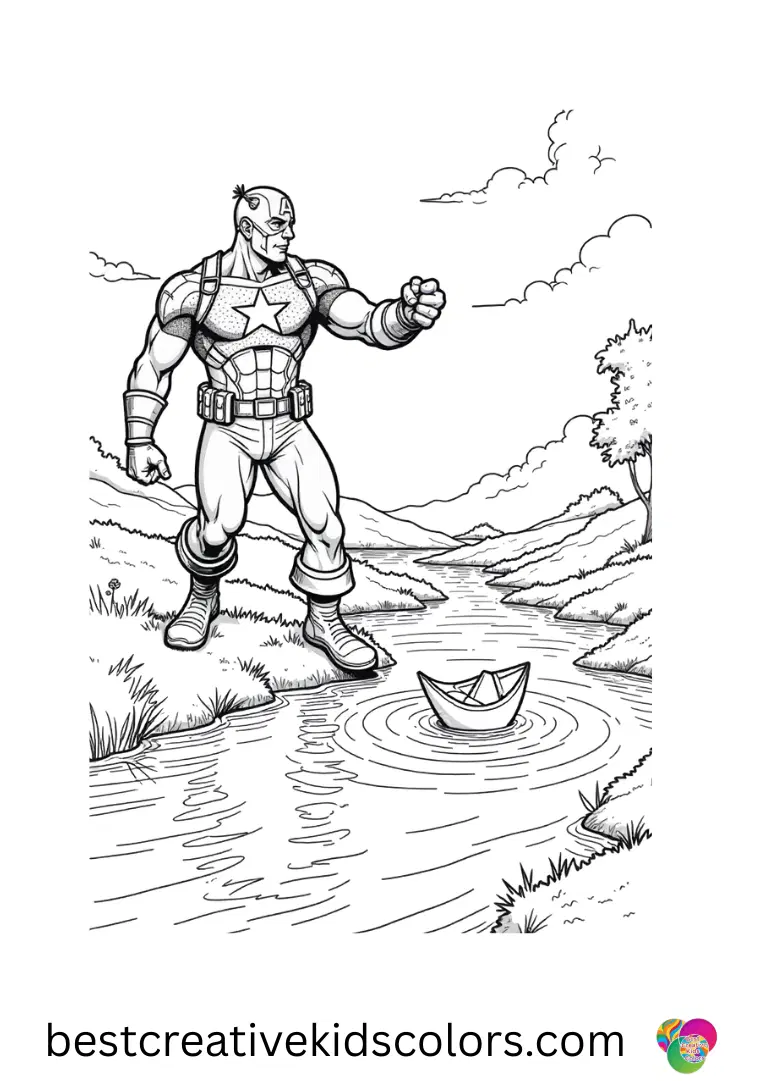 Tossing floating paper boats into a gentle stream, Captain america coloring pages free pdf enjoys calm play.