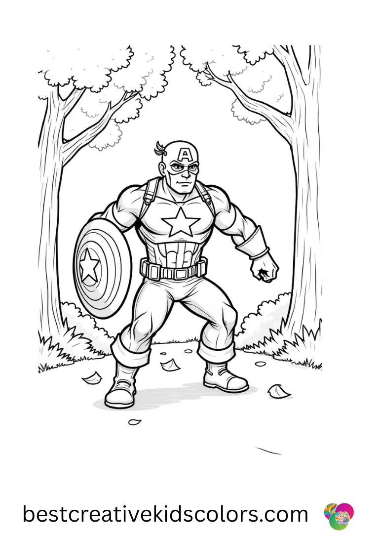 Catching falling leaves in a sunny yard, Captain america coloring pages free printable shows a joyful scene.