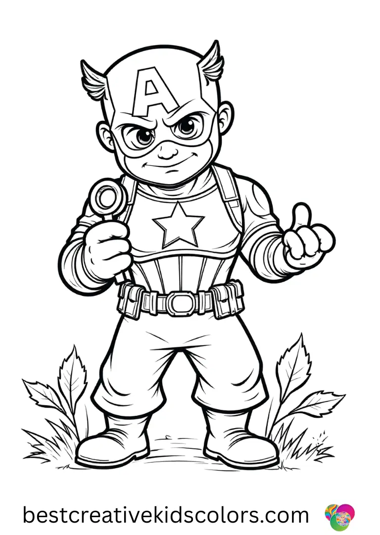 Captain america coloring sheets free shows him peering closely at leaves using a small magnifying glass.