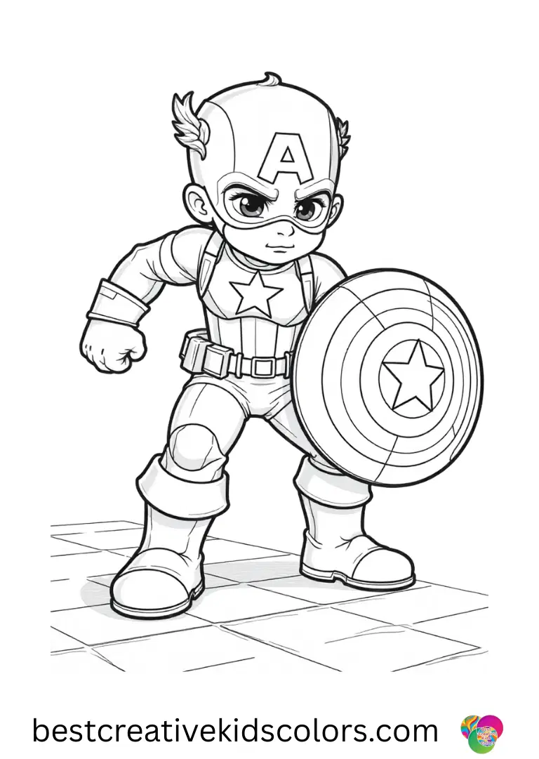Captain america shield coloring page pdf free download shows him bouncing a small rubber ball over tiles.
