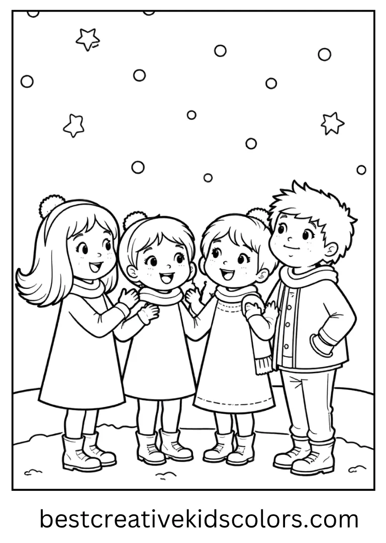 Caroling Group Coloring Page Outline Four friends sing together under falling snow.