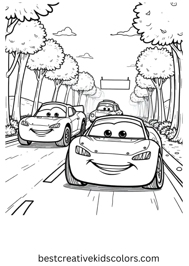Cars Rally Adventure Disney Coloring Page Drive along with Cars friends in exciting Disney Coloring Pages for children.