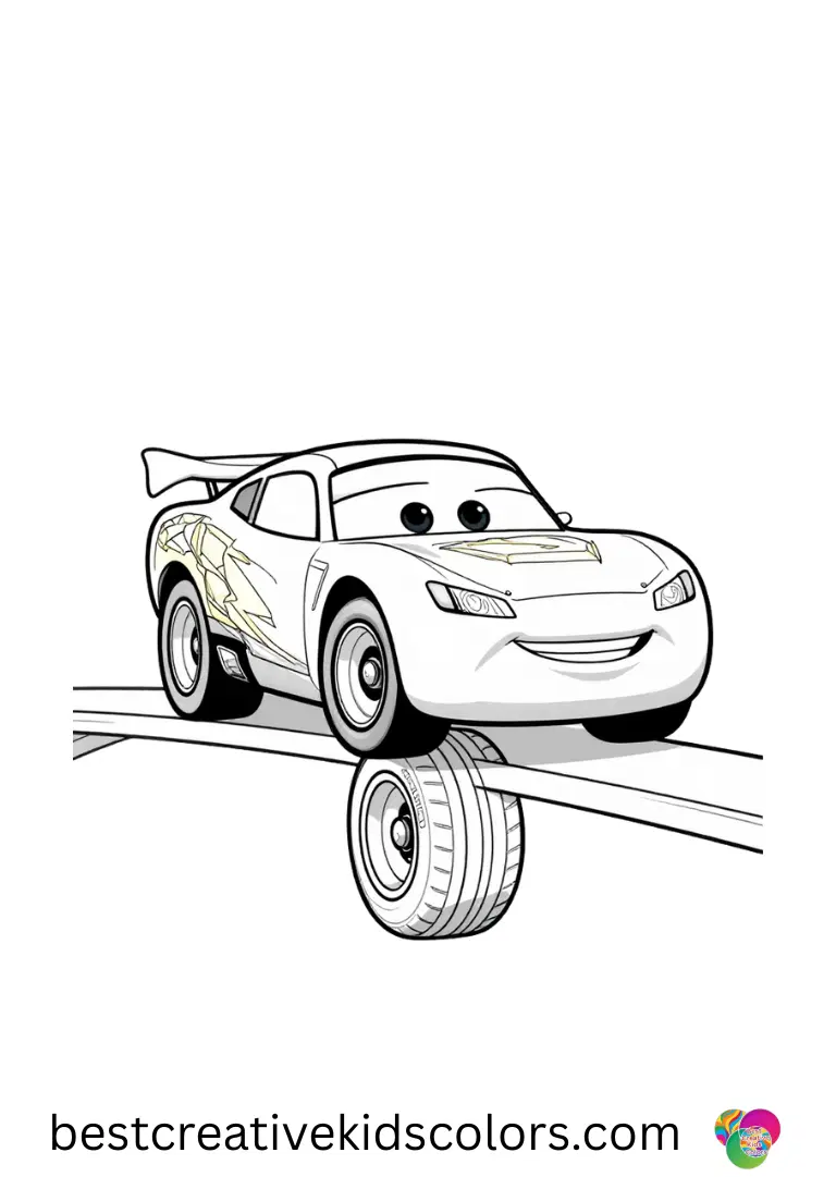 Cars lightning mcqueen coloring page free download Cars lightning mcqueen coloring page free download depicts a tire balancing act across a narrow bridge.