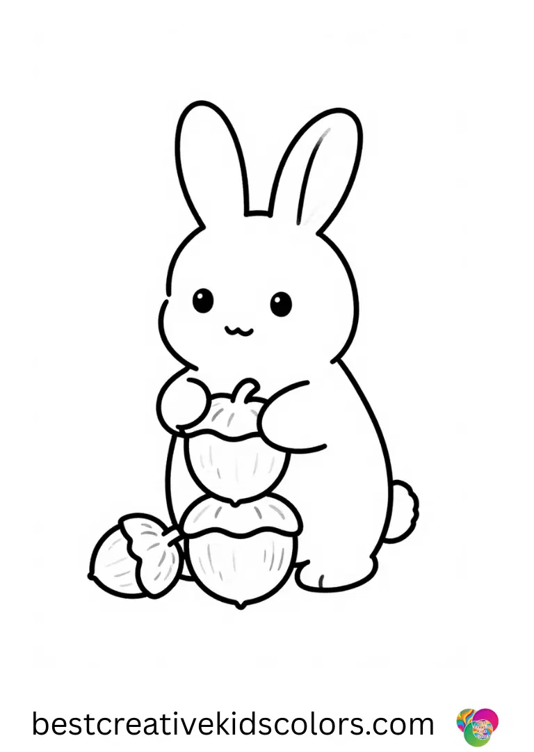 Cartoon bunny coloring pages easy shows a bunny stacking colorful acorns in a neat pile.
