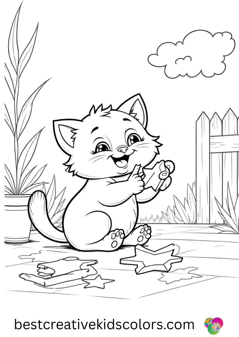 Cat Coloring Pages printable PDF free shows a kitten drawing star shapes with chalk on a sunny patio.