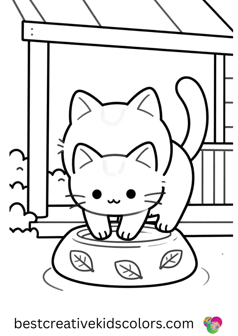 A calm cat presses leaf prints into soft clay in Cat Coloring pages for Adults under a shaded porch.