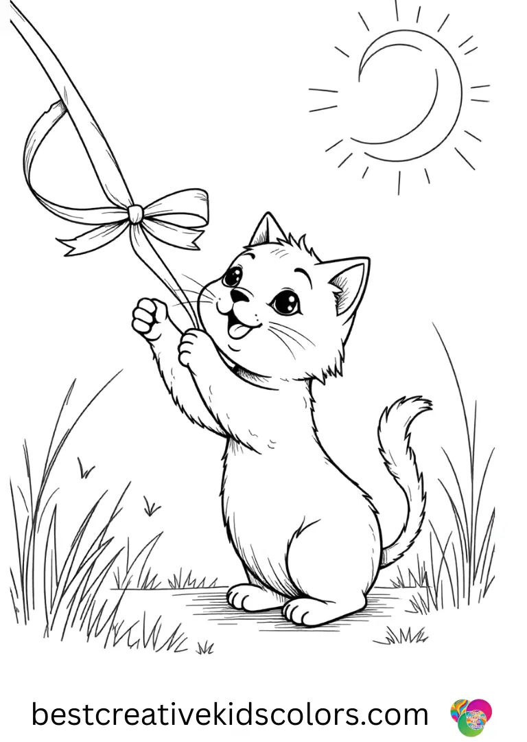 Cat Coloring pages printable PDF free features a kitten pawing at a fluttering ribbon in the sun.