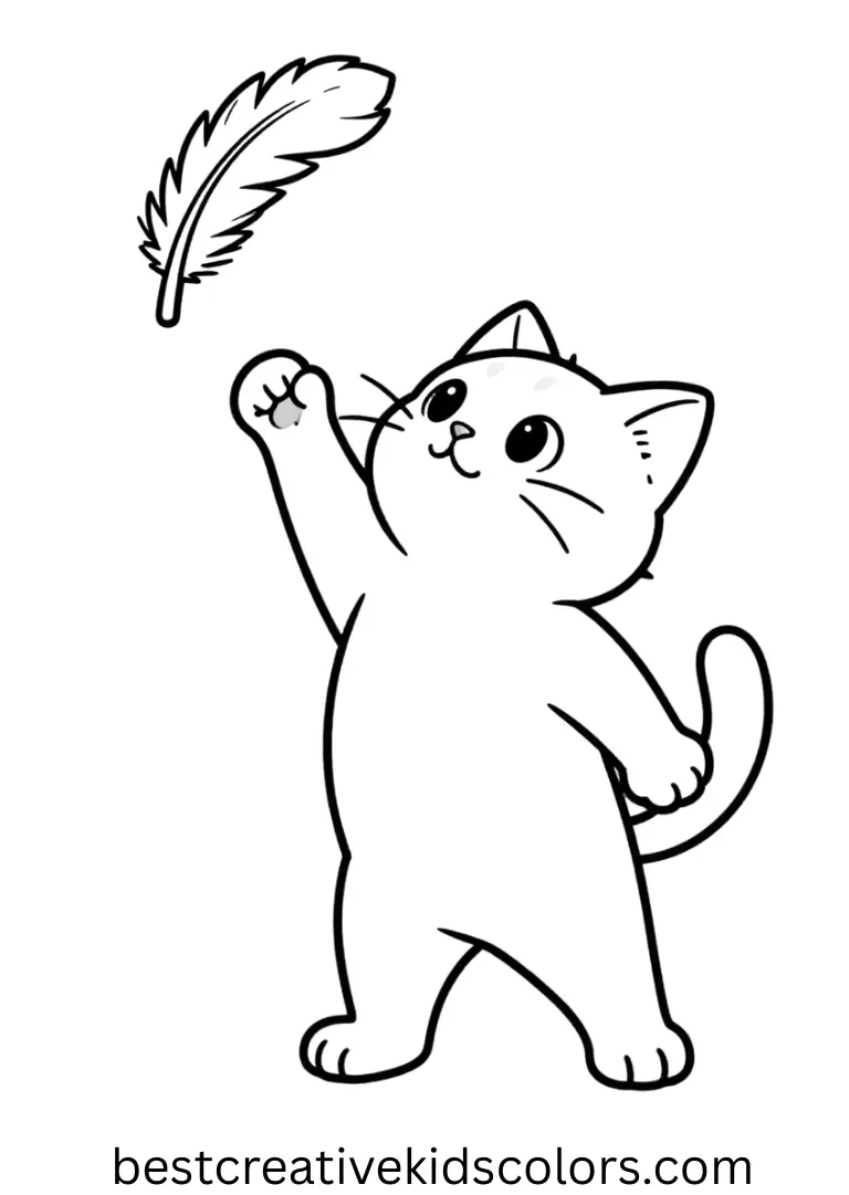 Cat Halloween coloring pages features a kitten stretching to reach a feather dangling overhead.
