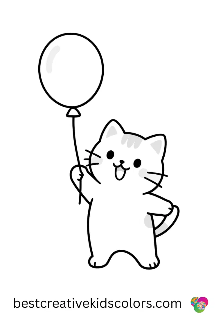 Cat Happy Birthday coloring page Cat Happy Birthday coloring page shows a kitten pawing a dangling balloon on a string