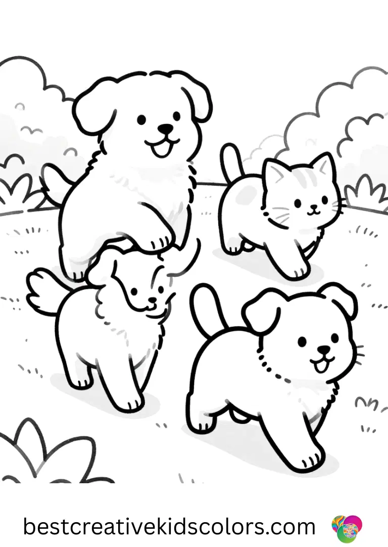 Pups chase a playful kitten across a garden path in Cat Pack Paw Patrol Coloring Page.