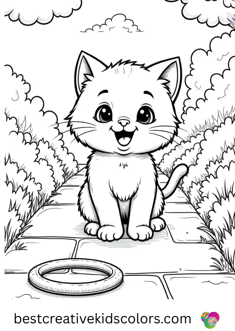 A playful kitten hops through chalk hoops in Cat coloring pages for kids on a clean stone path.