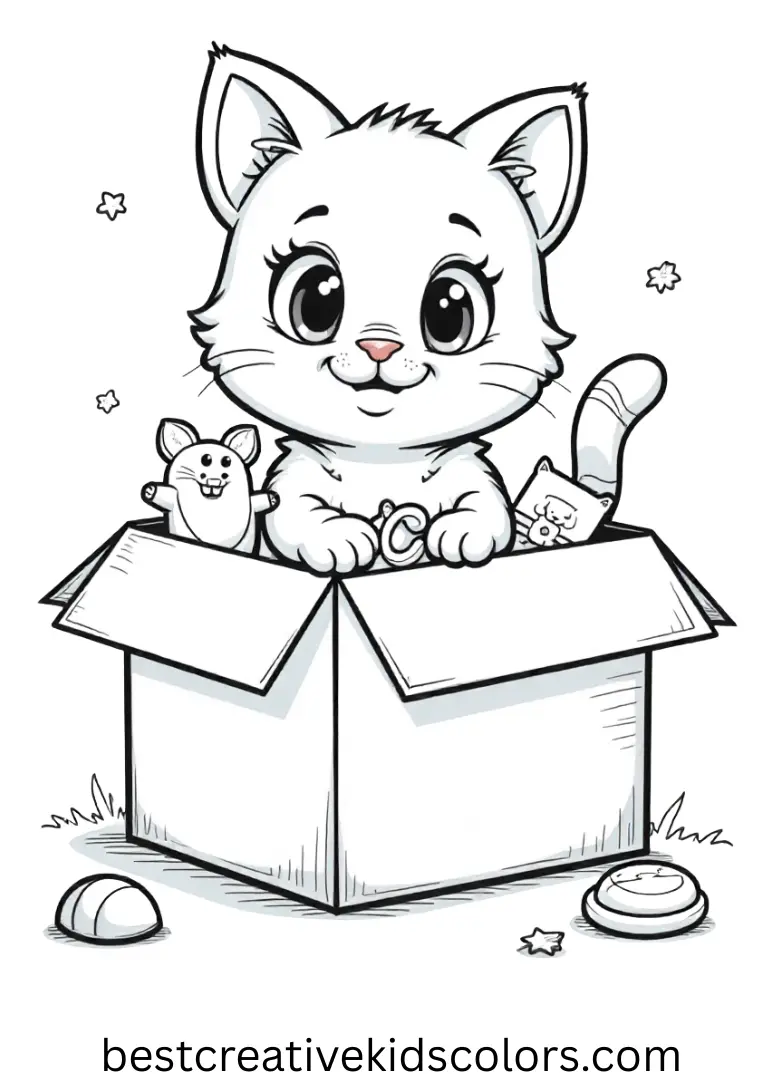 A curious cat peeks out of a box filled with toys in these Cat coloring pages printable PDF free.