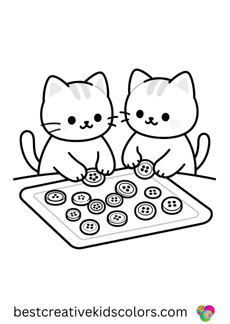 Two friends sort colorful buttons by size in the CatNap and DogDay coloring page on a bright mat.