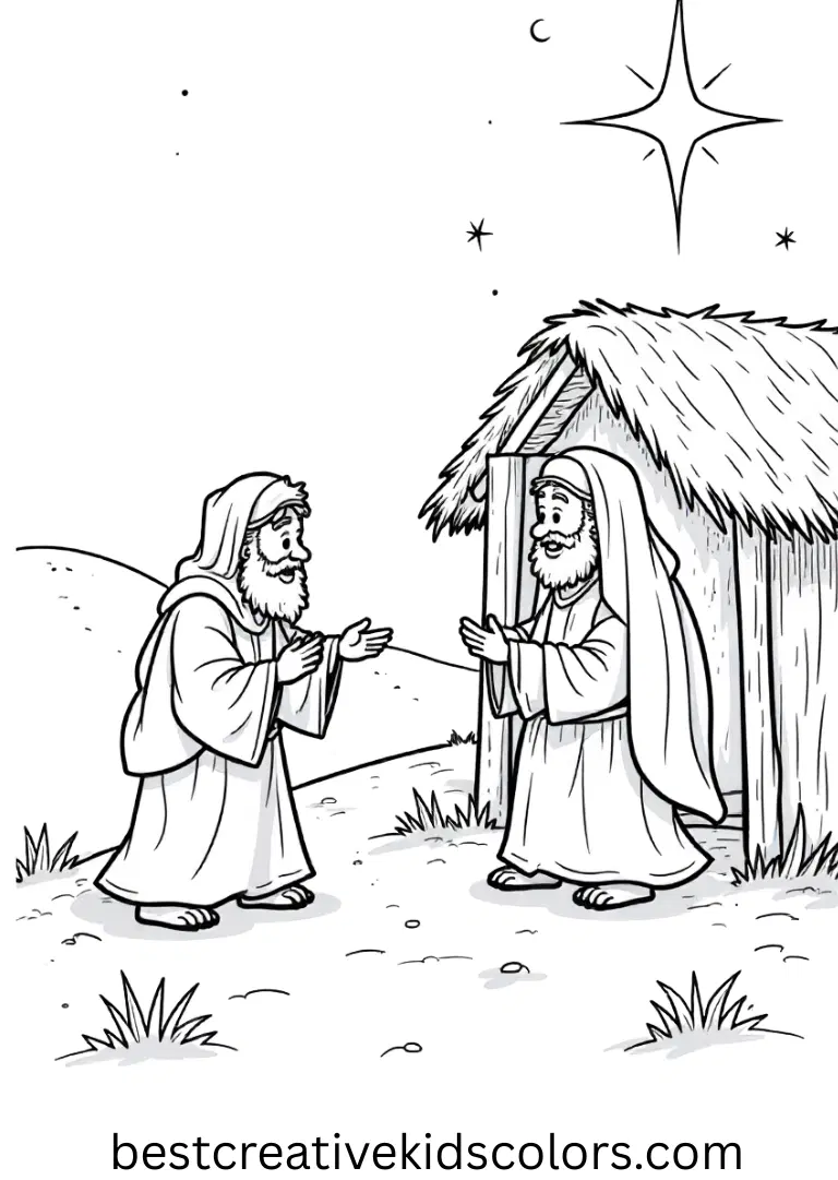 Catholic story of Christmas for kids Catholic story of Christmas for kids shows shepherds discovering a glowing star above the stable.